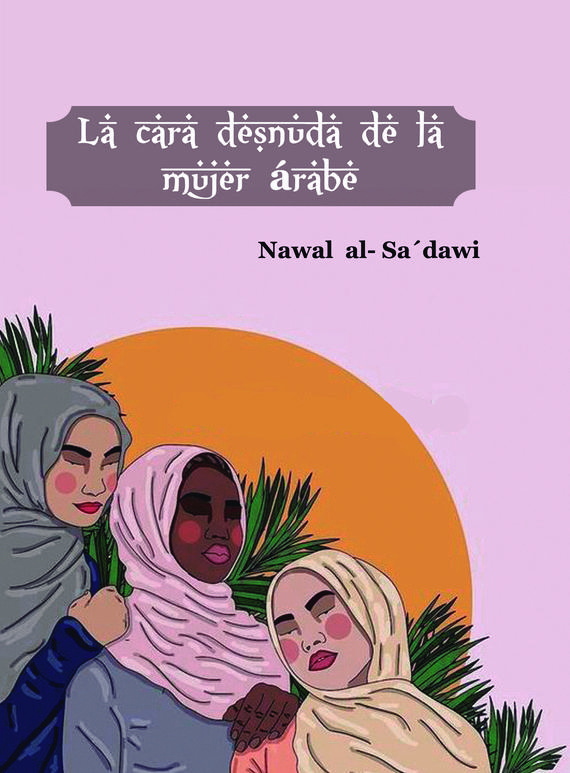 Ilustración de tres mujeres con hiyab, delante de plantas y un sol naranja, sobre fondo rosa.